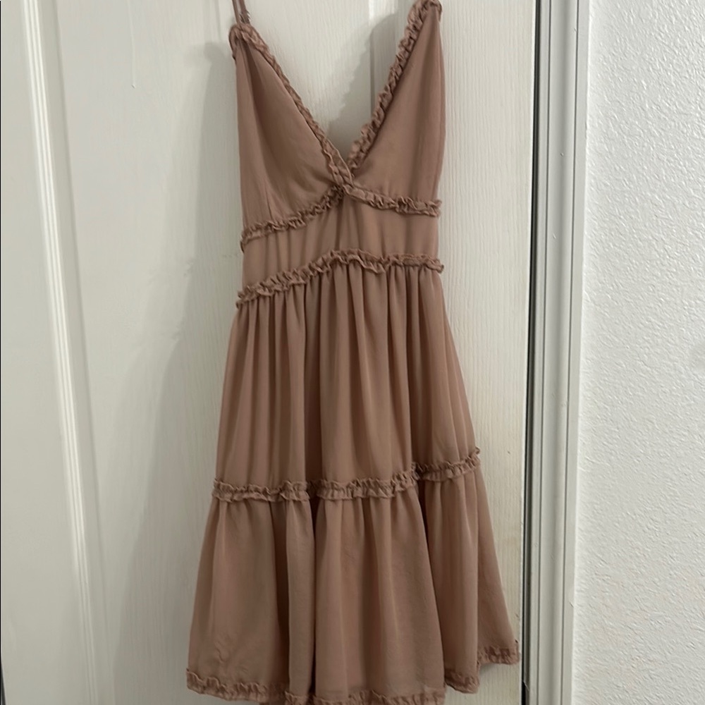 She + Sky Tan Ruched Ruffle Mini Dress
